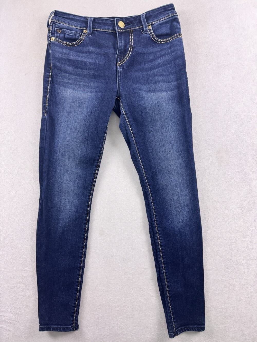 True Religion Halle Super Skinny Jeans Womens 29 Mid Rise Blue Gold Stitch Denim